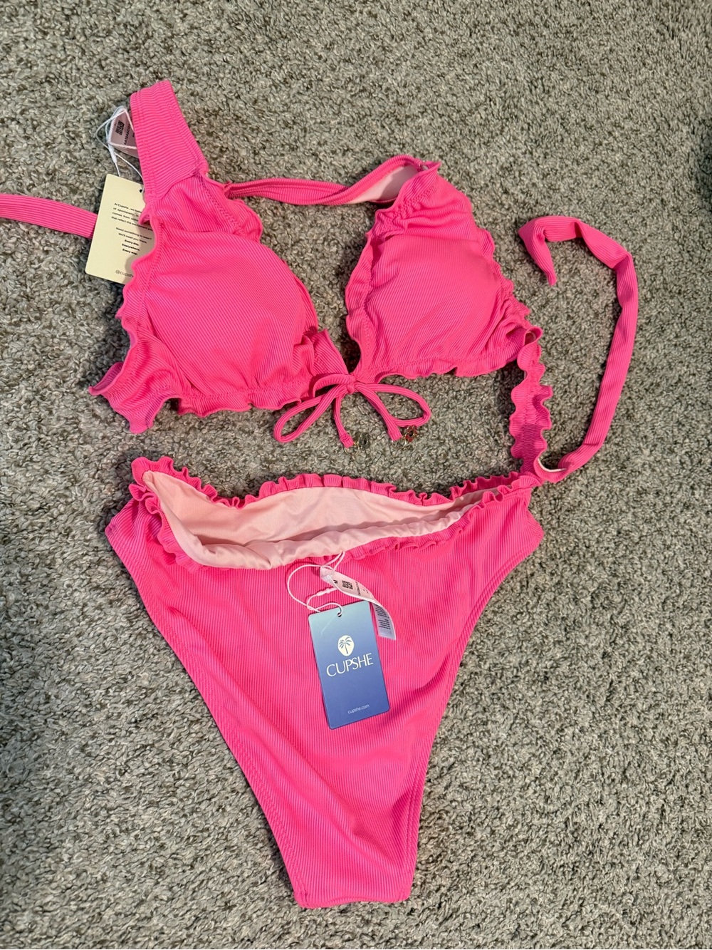 Cupshe Pink Ribbed Bikini Set with Tie Detail